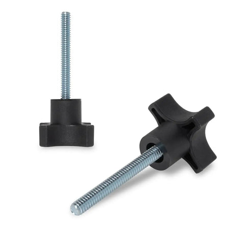 5 Pack Quarter Inch 20 TPI Four Point Knobs With 2 Inch Threaded Studs for lawn mowers and woodworking tool positioning.