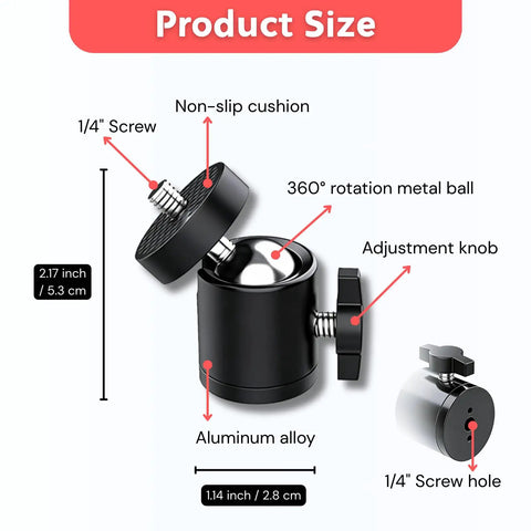 Diagram of Quarter Inch Mini Ball Head Tripod Mount showing 360-degree rotation, 1/4 inch screw, aluminum alloy build, and adjustment knob.