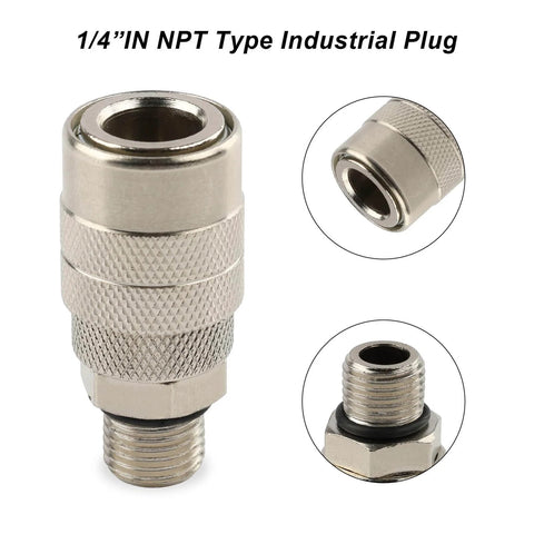 1/4 inch NPT male plug with knurled aluminum finish, used in Two Way Straight Air Manifold Splitter With Dual One Quarter Inch Quick Connect Couplers And One Quarter Inch NPT Male Plug Aluminum Body Air Compressor Hose Splitter For Easy Quick Hookup And Reliable Air Flow