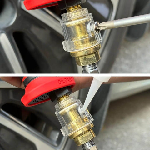 Inline One Quarter Inch NPT Oiler Lubricator for Air Compressors showing installation with copper and transparent plastic construction