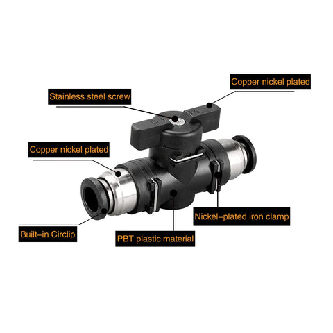 CEKER 1/4 in push-connect pneumatic ball valve with copper-nickel-plated ends and PBT plastic body