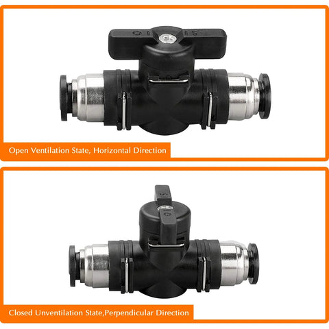 Pneumatic ball valve 1/4 in push-connect, black body with metal ends, open vent state, horizontal orientation
Pneumatic ball valve 1/4 in push-connect, black body with metal ends, closed state, perpendicular orientation