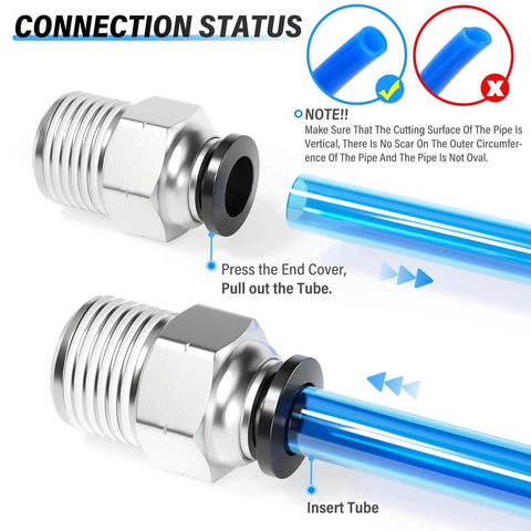Elbow and Straight Push To Connect Fittings One Quarter Inch Tube OD X One Quarter Inch NPT Thread Copper And Plastic Pack Of Twelve PC One Quarter Inch N2 And PL One Quarter Inch N2 High Pressure 145 PSI 32 To 140 Fahrenheit connection guide with blue tubing.