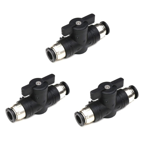 Three 1/4 in push-connect pneumatic ball valves with straight union fittings, black plastic body 3-pack