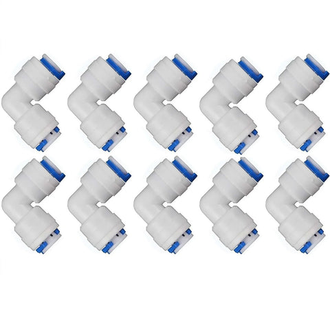 1/4 Inch Tube To 1/4 Inch Tube Push Fit Elbow Quick Connect Fittings For RO Water System Set Of 10 White No Tools Required