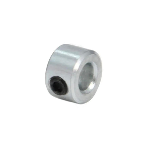 Close-up of a zinc plated carbon steel collar from 8 Piece One Quarter Inch Shaft Collar Set Screw Style Zinc Plated Carbon Steel Clamp On For One Quarter Inch Shafts Corrosion Resistant Industrial Machinery Hardware Kit Includes Eight Collars With One Half Inch Outer Diameter And Five Sixteenth Inch
