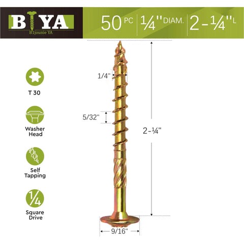 1/4 x 2-1/4 Inch Structural Screws, Heavy Duty Construction Lag Screw Alternative with Torx Star Drive, washer head displayed