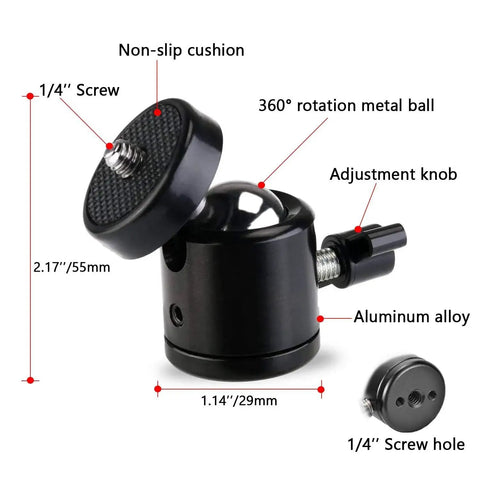 Two Pack Quarter Inch Swivel Mini Ball Head Tripod Mount, 360 Degree Rotating Base, Aluminum Alloy, 1/4-inch Thread Diagram