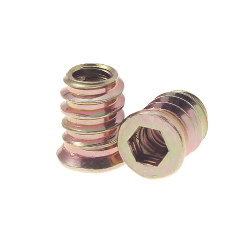 Front and side view of 50 Pack Quarter Inch By Twenty Threaded Wood Inserts For Furniture And DIY Projects, Screw In Nutserts With Hex Drive, 15mm Length.