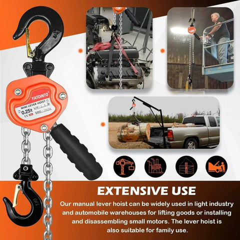 One Quarter Ton Mini Lever Block Chain Hoist With Ten Foot Chain G80 Alloy Steel 360 Degree Hook Manual Ratchet Hoist in use