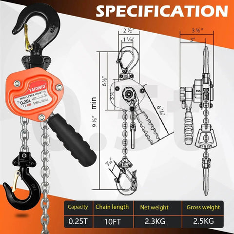 One Quarter Ton Mini Lever Block Chain Hoist With Ten Foot Chain G80 Alloy Steel 360 Degree Hook Manual Ratchet Hoist specifications