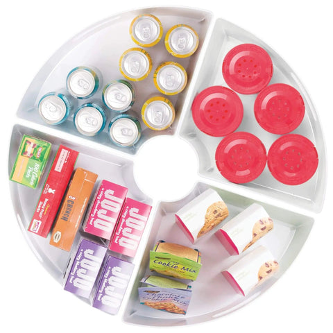 Quarter Wedge Lazy Susan Turntable Organizer With Handle In White Made From Recycled Plastic, filled with assorted pantry items