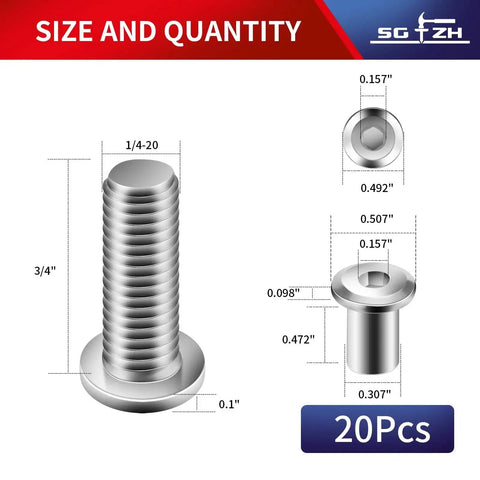 1/4-20 X 3/4 Inch Flat Head Hex Socket Cap Screws Bolts Set 20 Pieces 304 Stainless Steel size dimensions chart