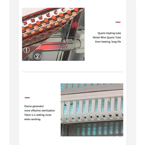 Close-up of heating tube and ozone generator inside Large-Capacity Tableware Disinfection Cabinet, Multi-Functional Storage Double-Layer