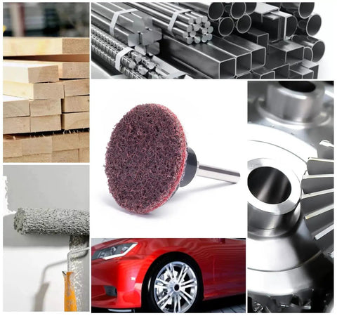 46 Piece Two Inch Roll Lock Quick Change Sanding Discs With One Quarter Inch Holder, displayed with materials, car wheel, and surface close-ups.