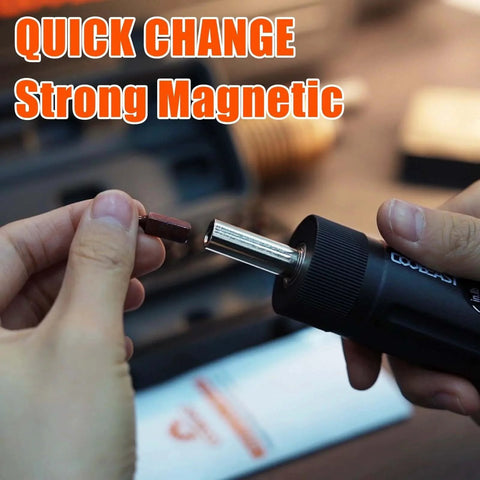 Close-up of 13Pcs Preset Torque Screwdriver with S2 Bits, 1/4” Drive Torque Wrench showing quick change magnetic feature for maintenance.