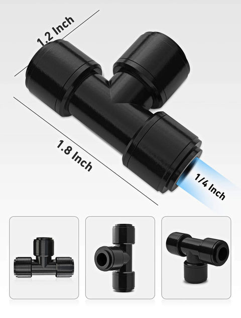 Image of a 16 Pack One Quarter Inch Quick Connect Drip Irrigation Tee Fittings, black, with 1/4 inch tubing connections, 3 views shown.