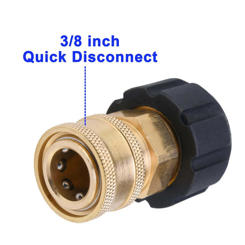 Pressure Washer Quick Connect Adapter Set M22 To Three Eighths Inch For Hose, brass and black fitting, close-up view
