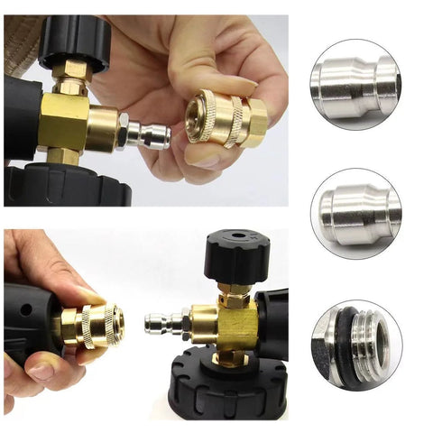RecDec 2-pack pressure washer adapter set with brass quick-connect fittings, 1/4 in NPT, shown on spray gun.