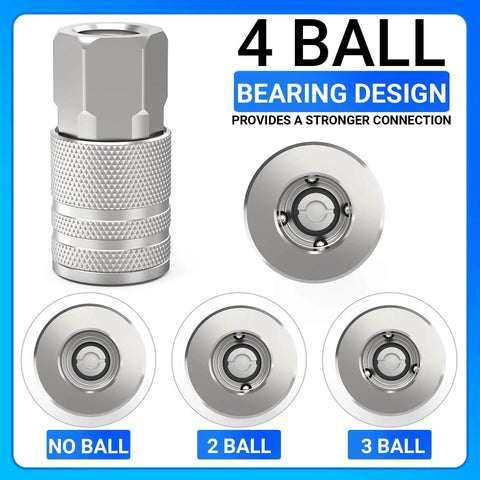 1/4-Inch NPT Female Quick Connect Air Coupler for Industrial Use, 4-Ball Design, Hardened Steel With Nickel Plating