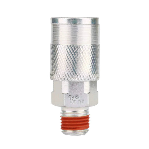 WYNNsky 1/4 in NPT air coupler and plug fitting, chrome-plated metal with knurled grip, front view