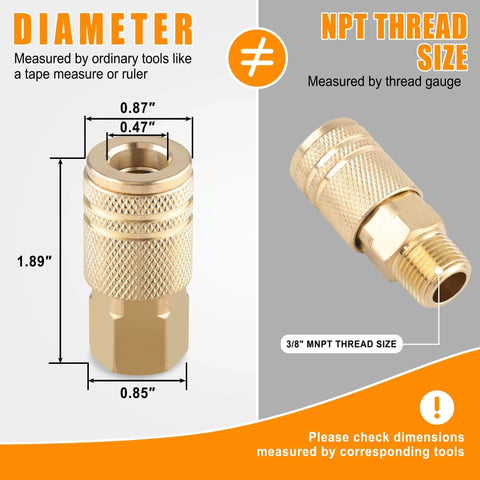 Close-up of 3/8 inch NPT thread coupler from 32 Piece Quick Connect Air Fittings And Coupler Kit showing diameter measurements.