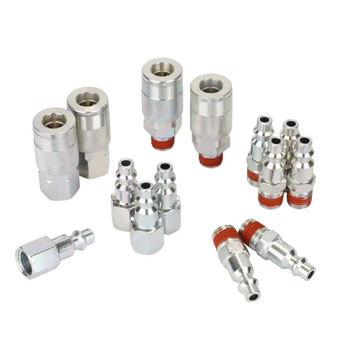 Air compressor fittings set, 14-piece chrome 1/4 in NPT quick-connects, I/M type