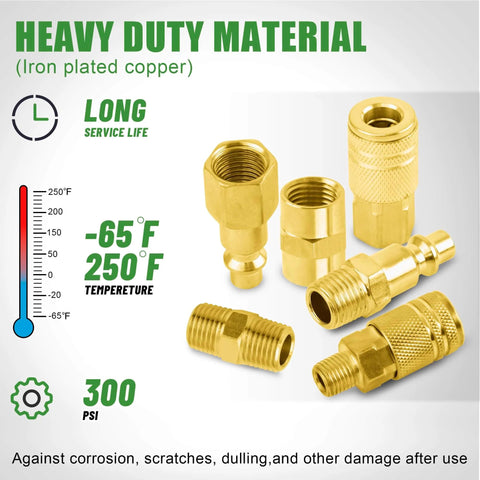 45 Piece One Quarter NPT Quick Connect Air Fittings Kit With Male And Female Couplers Plugs Hex Nipples Teflon Tape For Air Hose And Compressor Accessories Includes All Common Fittings For Quick Connect Systems, heavy-duty iron plated copper fittings with temperature and pressure ratings visible.