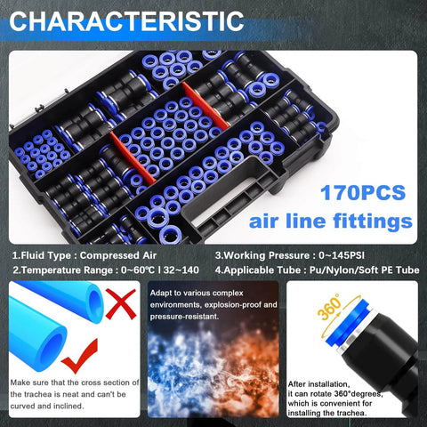 170-Piece Quick Connect Air Hose Fittings Kit With 1/8, 1/4, 5/16, 3/8, 1/2 Inch And 4, 6, 8, 10, 12 Mm Straight Push To Connect Pneumatic Fittings, Quick Release Air Line Fittings For Air Compressors And DIY Projects in storage case