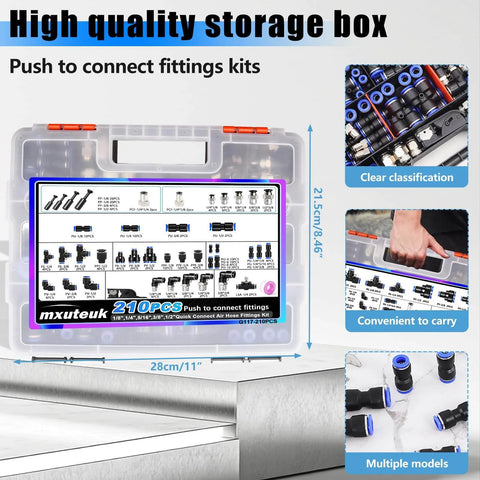 210 Piece Pro Grade Quick Connect Air Fittings Kit For 1/8 1/4 5/16 3/8 1/2 And 4 6 8 10 Mm OD Push To Connect Fittings, Quick Release Pneumatic Kit For Air Hose Systems And Industrial Automation displayed in a storage box