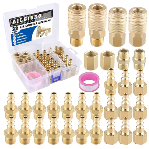 32 Piece Quick Connect Air Fittings And Coupler Kit, One Quarter Inch Body Size And Three Eighths Inch NPT Thread, in storage box