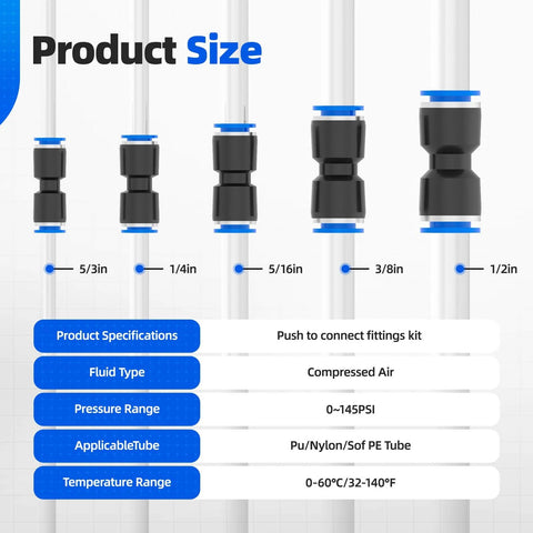 DIY Friendly Pro Grade 50 Piece Quick Connect Air Hose Fittings Kit In Five Diameters 5/32 1/4 5/16 3/8 1/2 Inch Push To Connect Pneumatic Fittings For Air Lines And Compressors displayed in size chart