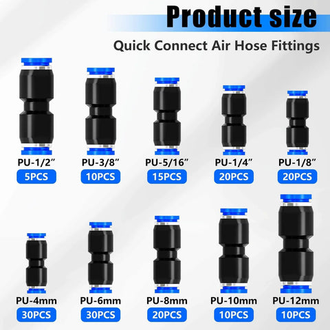 170-Piece Quick Connect Air Hose Fittings Kit With 1/8, 1/4, 5/16, 3/8, 1/2 Inch And 4, 6, 8, 10, 12 Mm Straight Push To Connect Pneumatic Fittings, Quick Release Air Line Fittings For Air Compressors And DIY Projects layout