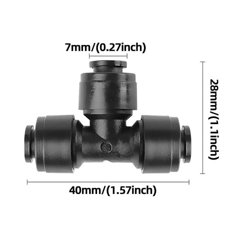 No Fuss Quick Connect One Quarter Inch Drip Irrigation Tee Connectors, 30 Pack Universal Tee Fittings For One Quarter Inch Tubing, Leak Free, Easy Push In Design For Sprinkler And Drip Systems, front view showing dimensions.