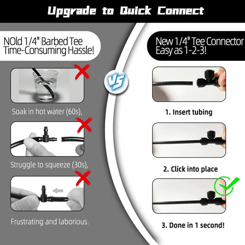 Comparison of old barbed tee and new No Fuss Quick Connect One Quarter Inch Drip Irrigation Tee Connectors installation process.