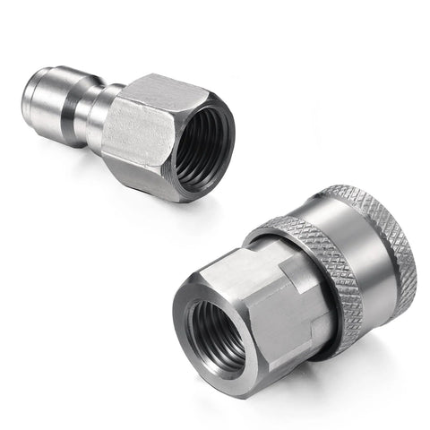 Two metal 1/4 in NPT pressure washer quick-connect fittings, male and female, internal-thread adapters