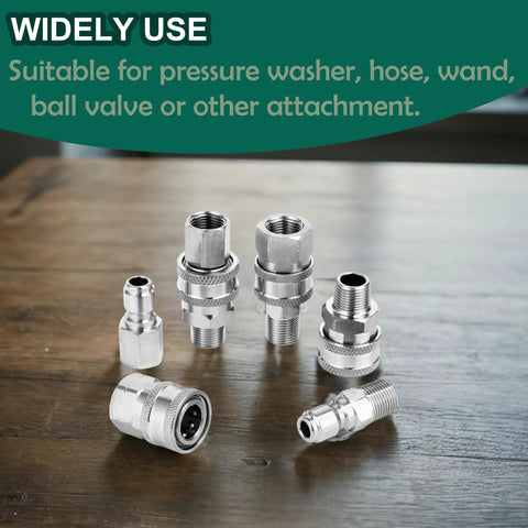 POWER TOWN 3/8 inch NPT stainless steel quick-connect fittings set with male and female adapters for pressure washers