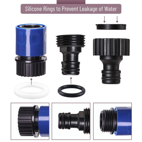Garden Hose Quick Connectors Set With Four Male And Four Female Fittings And Four Faucet Adapters, 3/4 Inch, silicone rings shown