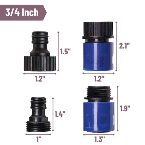 Garden Hose Quick Connectors Set With Four Male And Four Female Fittings And Four Faucet Adapters, 3/4 Inch, dimensions displayed