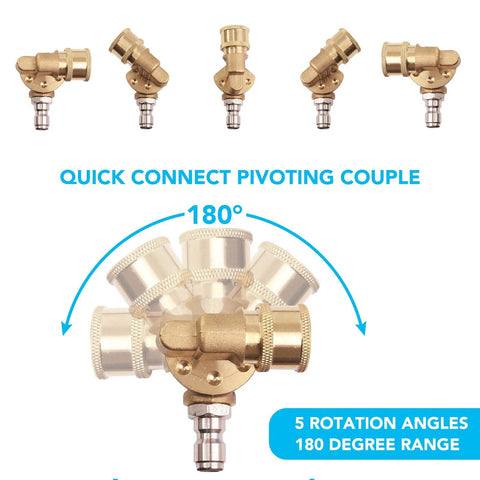 Pressure washer nozzle tip set: five brass turbo tips with 1/4" quick-connect and pivoting coupler, 180° rotation.
