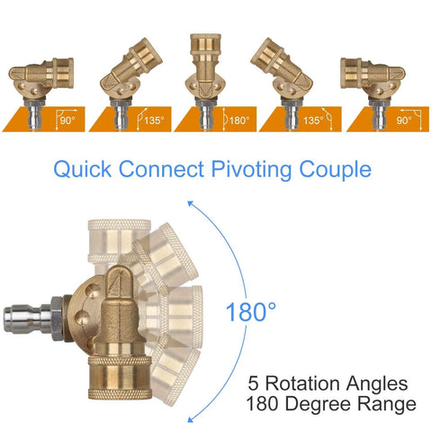 STYDDI 1/4 in brass pressure washer nozzle tips and quick-connect pivoting adapter kit, 7-pack, 180° rotation range.