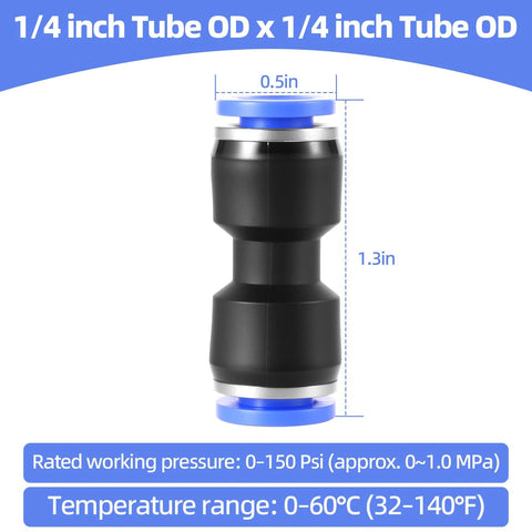 One Quarter Inch Quick Connect Pneumatic Fittings Straight Union Coupler, 1/4 inch OD tube, black plastic with blue ends