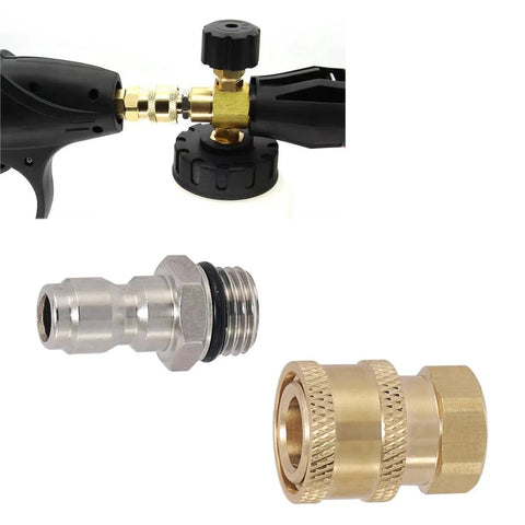 Pressure washer quick-connect adapters; 3 metal fittings (brass plug, silver adapter, gun-to-hose) for 1/4 in NPT.
