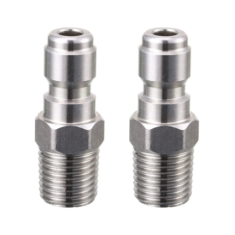 Two silver metal pressure washer quick-connect fittings, 1/4 in male NPT, 5000 PSI, 2-pack