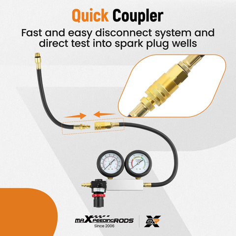 maXpeedingrods cylinder leakdown tester kit with dual gauges, black hose, brass fittings, extension rod