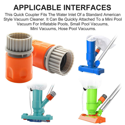 Pool vacuum head set with blue, teal and green heads and orange quick-coupler adapter for inground pool cleaning