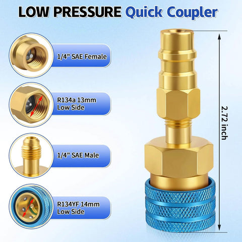 R1234YF To R134A Quick Coupler Kit with brass low pressure adapter, 2.72 inch, 1/4" SAE female and male connections visible.