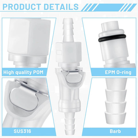 Close-up details of 10 Pcs 1/4 Inch Quick Disconnect Hose Barb Insert Fittings Set with plastic couplers and barb design