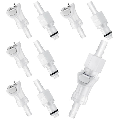 10 Pcs 1/4 Inch Quick Disconnect Hose Barb Insert Fittings Set With Plastic Male And Female Couplers for hose connections.