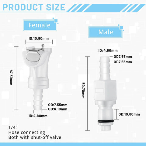 Diagram showing male and female connectors of 10 Pcs 1/4 Inch Quick Disconnect Hose Barb Insert Fittings Set with dimensions.